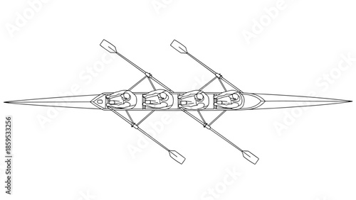 Top view outline drawing of a three-person rowing team in a boat