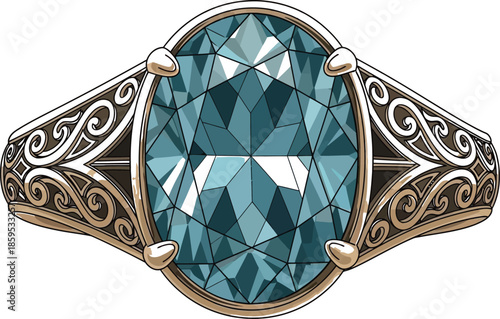 Ornate antique gold ring featuring a large oval cut faceted blue gemstone against a light background