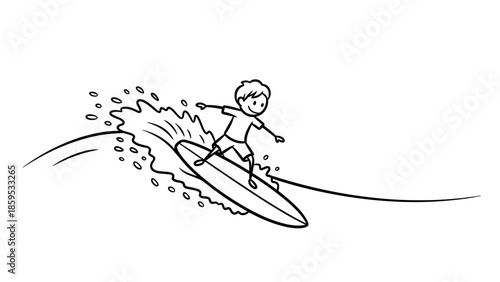 Minimal line art of kid surfing on wave with splashing water detail