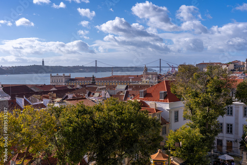 Panoramic view of Lisbon featuring the Ponte 25 de Abril suspension bridge, the Christ the King statue, and traditional red-roofed buildings in the foreground under a cloudy blue sky.