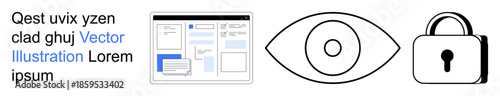 Data privacy, cybersecurity, online security, user interface, digital monitoring, access control. interface design, eye and lock icons. Data privacy and cybersecurity