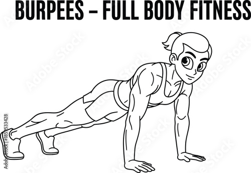 Cartoon illustration of a fit athlete demonstrating the plank position for full body fitness workouts