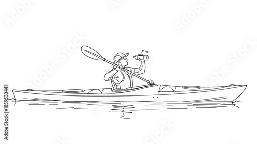 Linear illustration of a kayaker drinking water in a canoe on calm waters