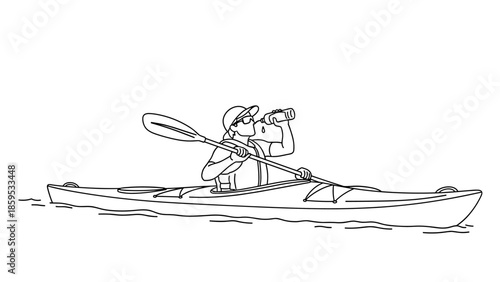 Kayaker drinking water in canoe line art on water