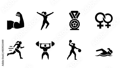 Silhouette icons of diverse sports activities and gender symbols for fitness enthusiasts