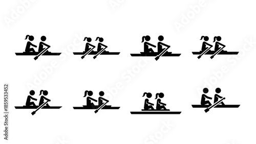 Silhouette icons of rowing pairs in different positions on a white background