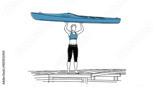 Woman holding kayak overhead on dock in minimalist style