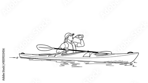 Linear style kayaker drinking water in canoe on calm waters