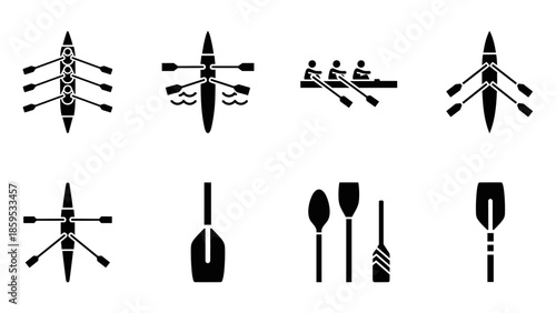 Minimalist rowing silhouettes: icon set with oars and crews in action