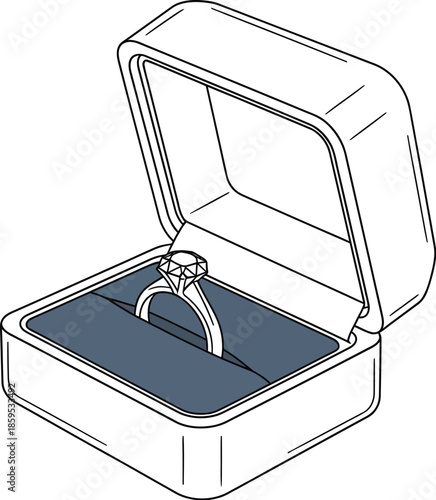 Simple line art illustration of an open diamond engagement ring presentation box isolated on white
