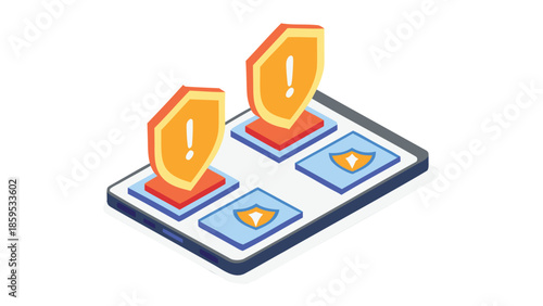 Flat isometric illustration of digital risk management concept with shield icons on mobile device screen representing online security