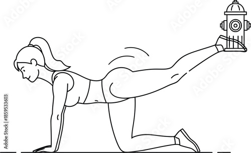 Line art illustration of woman performing donkey kicks exercise while balancing a fire hydrant on her foot