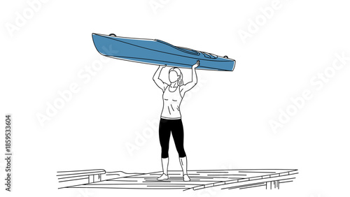 Person lifting kayak on dock in minimalist style