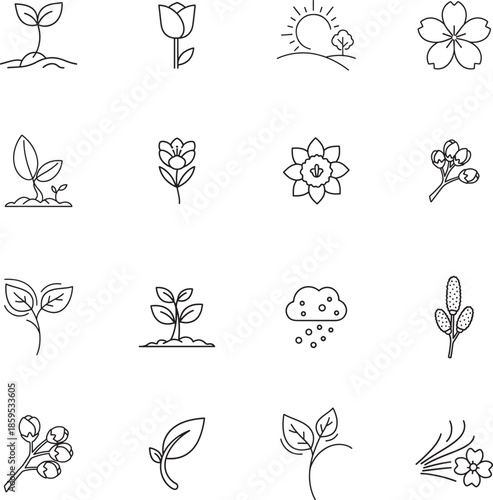 March Blossom and Spring Season Line Art Icon collection. Includes line art symbols flower, sprout, sun, tulip and more. Spring icon set. Minimalist icons pack.