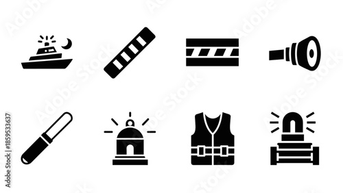 Essential maritime and safety equipment icons set in bold silhouette style