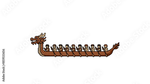 Pixel art dragon boat racing with rowers on traditional canoe