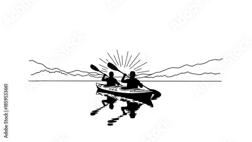 Silhouette of two kayakers on a peaceful lake with mountain background and sunburst