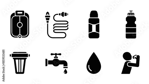 Outdoor hydration essentials: minimalist icons of backpacks, bottles, and more