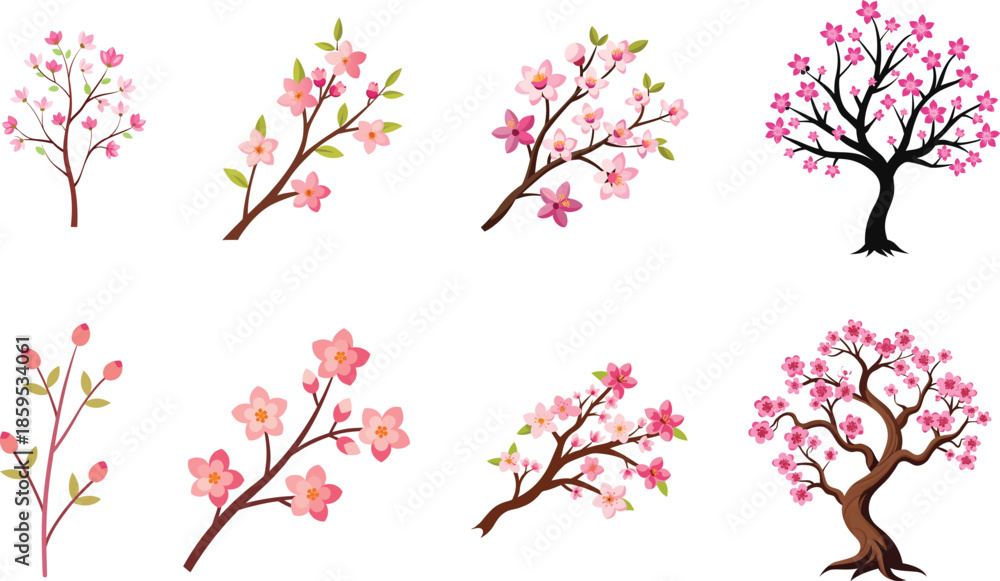 Fototapeta premium Beautiful pink cherry blossom tree branches with blooming sakura flowers and green leaves represent the grace of Japanese spring nature in a floral vector art design