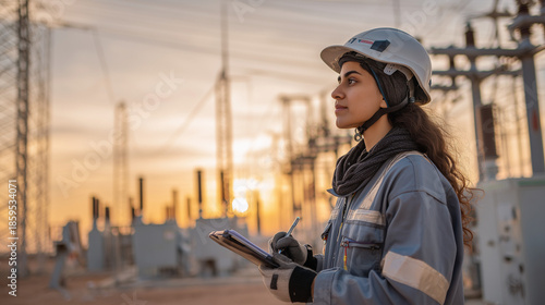 Professionista dell’energia controlla parco eolico. Futuro sostenibile e green energy.