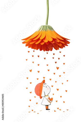 Romantic Girl under Flower Rain Illustration Isolated on Transparent Background