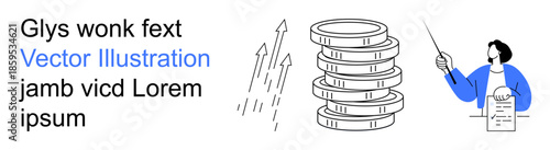 Economic growth, financial planning, data analysis, investment strategy, wealth management, business education. Stacked coins with arrows and person holding a chart. Economic growth and financial