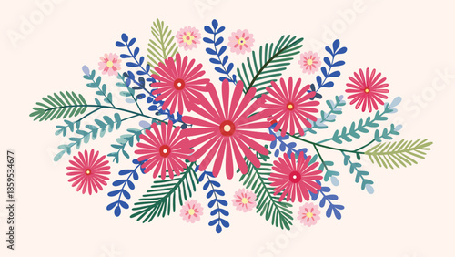 Vibrant floral arrangement with pink flowers and green leaves on beige background