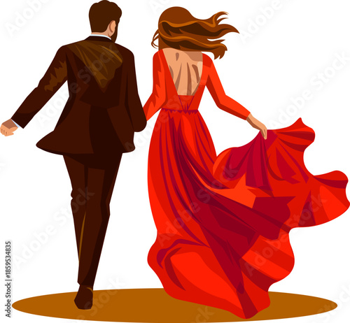 couple in elegant evening wear rear view