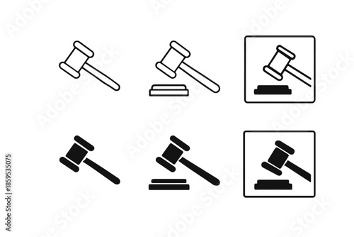 Law gavel icons set. Justice and legal system symbols.