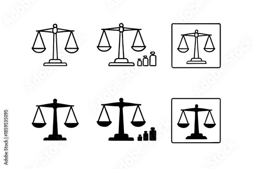 Scales of justice and weight icons set. Symbol of law and balance.