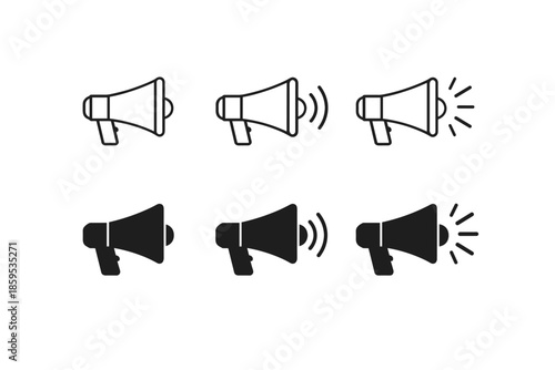 Megaphone icon set. Announcement and sound wave vector icons.