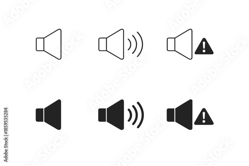 Sound icons set: volume, sound waves, and warning alert