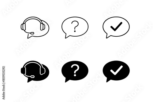 Set of communication icons: headset, question mark, and checkmark in speech bubbles
