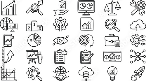Business growth and data analytics icon set featuring financial charts performance tracking global strategy success metrics market research tools reporting dashboard efficiency and optimization.