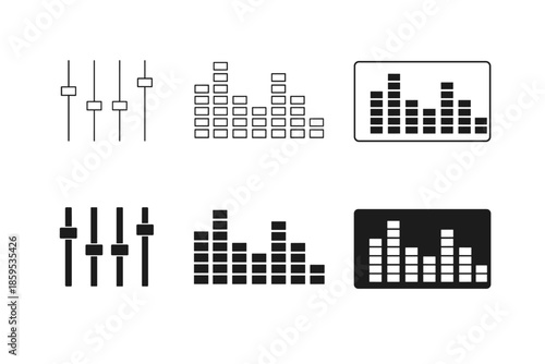 Audio equalizer and slider icons set. Sound level meter vector graphics.