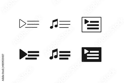 Play and music list icons set. Media playback and audio content icons.