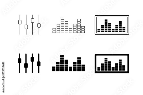 Audio equalizer and fader icons set. Sound level meters vector.