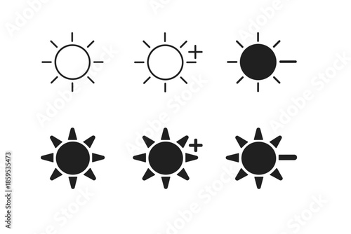 Sun icons set with plus and minus signs for brightness control