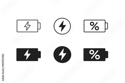 Battery charging and percentage icons set, outline and filled versions