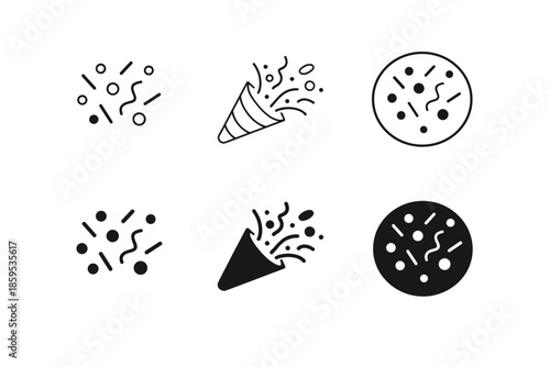 Confetti and party popper icons set. Celebration and fun vector elements.