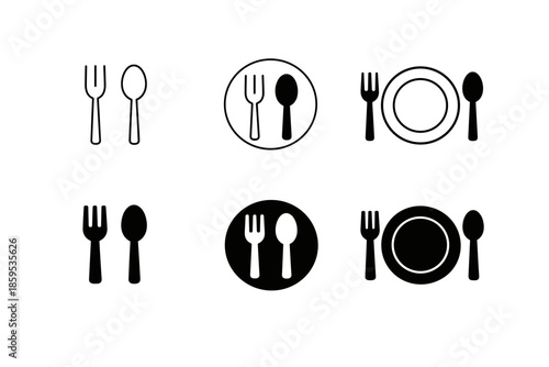 Cutlery and plate icons set. Restaurant and dining symbols.
