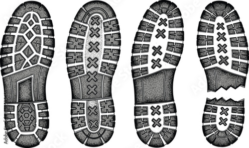 Boot sole tread illustrations set, shoe footprint patterns, rugged outsole textures, footwear grip design, hiking work boot soles, detailed vector art