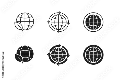 Eco-friendly globe icons with leaf and recycle arrows