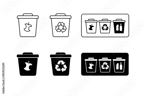 Trash can icons for waste sorting and recycling, line and solid styles