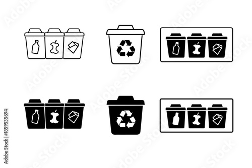 Recycling bins icons set for waste separation and environmental protection