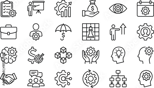 Business strategy and process management icon set featuring strategic planning gear symbols project workflow checklist chess pieces teamwork communication brain efficiency and professional 