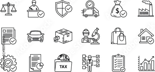 Business compliance approval icon set illustration, finance legal logistics verification symbols, audit tax insurance concepts, quality control management, corporate process, outline flat vector