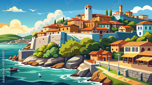 Very beautiful coastal panorama of Sozopol, Bulgaria, featuring ancient fortress walls along the embankment, calm Black Sea waters, and historic seaside atmosphere.