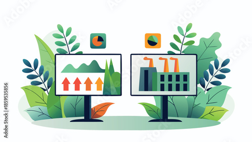 Flat illustration of a carbon neutral business concept with eco friendly growth and industrial transition