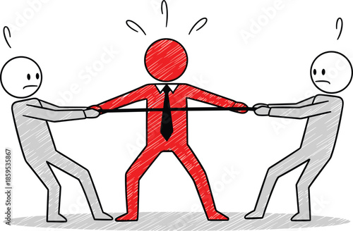 Business conflict tug of war illustration, leadership pressure stress concept, corporate decision struggle, teamwork disagreement, management challenge, problem solving, flat vector